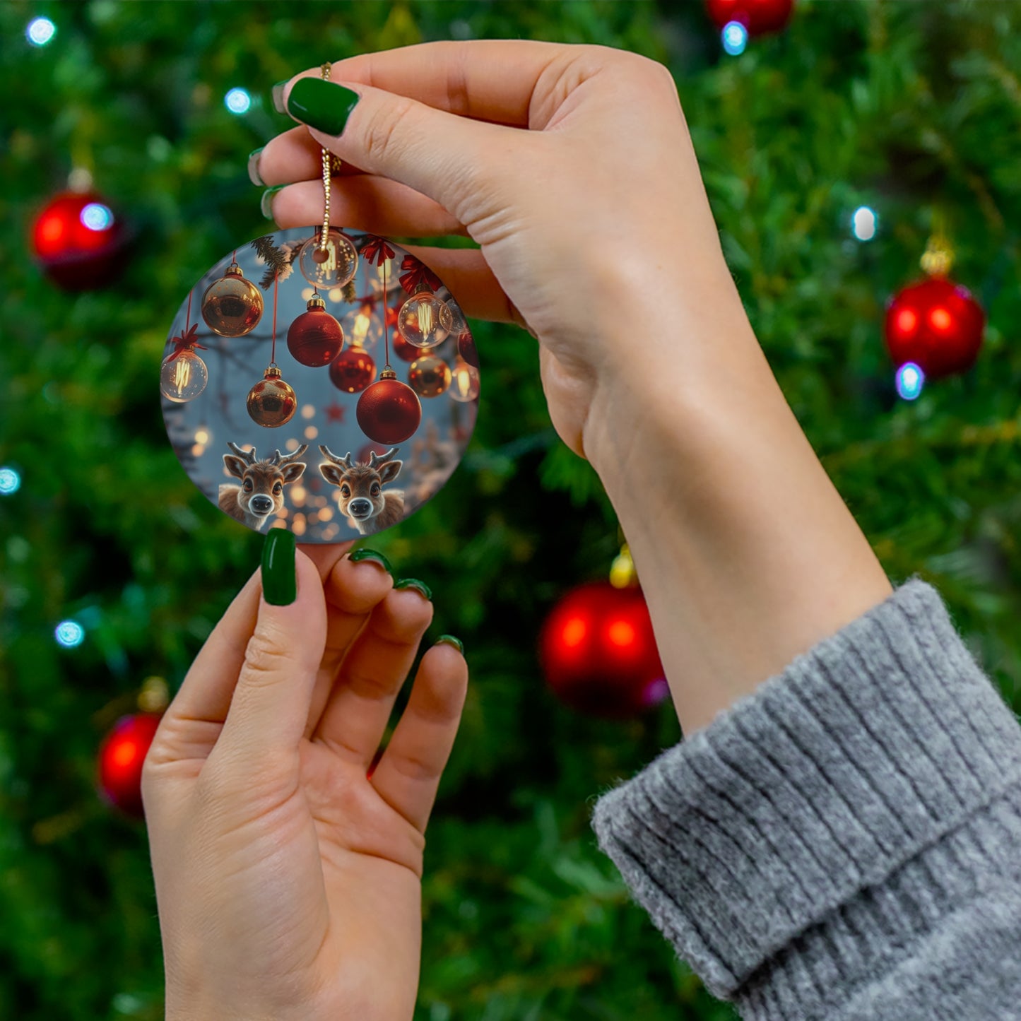 Christmas Ceramic Ornament - Xmas Bauble with Deer and Background